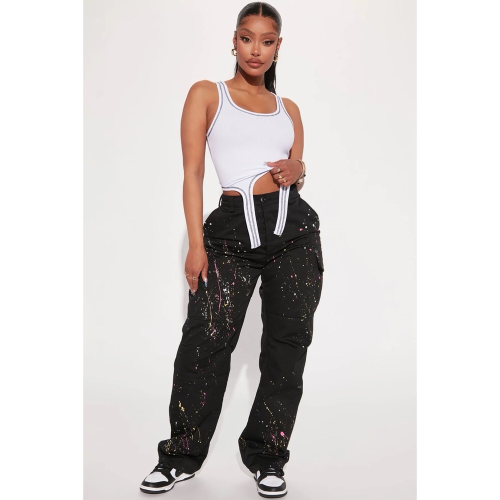 FASHION NOVA NWT Black Paint Splatter Break The Ice Baggy Cargo Jogger